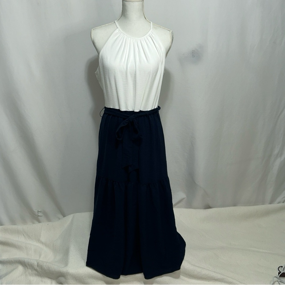 Dkny Blue Maxi A-Line‎ Dress with Tie Front